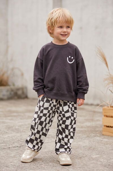 Çocuk Smıley Baskılı Antrasit Sweatshirt ve Dama Desenli Eşofman Takımı