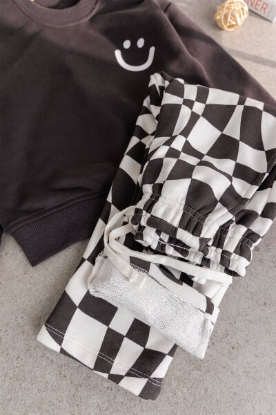 Çocuk Smıley Baskılı Antrasit Sweatshirt ve Dama Desenli Eşofman Takımı