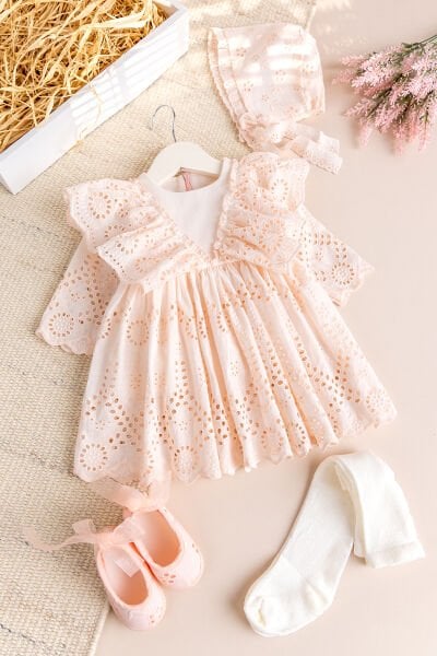 100% Pamuk 4'lü Kız Bebek Mevlüt Elbisesi Seti Ekru