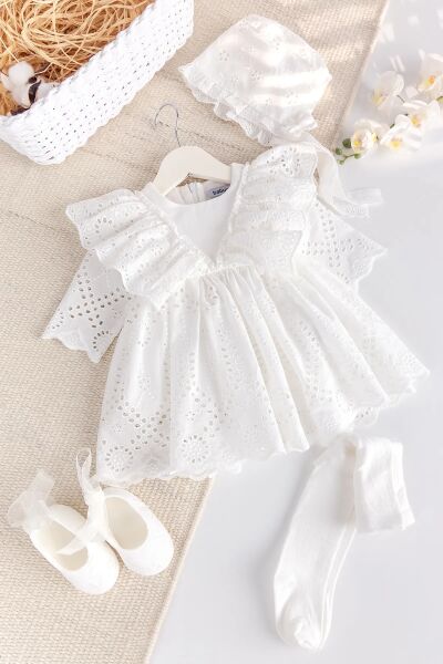 100% Pamuk 4'lü Kız Bebek Mevlüt Elbisesi Seti Ekru