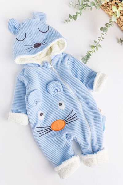 Figürlü İçi Peluş Kadife Erkek Bebek Tulum
