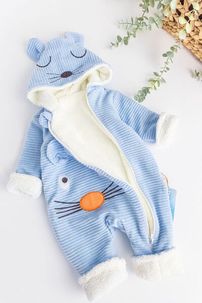 Figürlü İçi Peluş Kadife Erkek Bebek Tulum