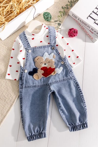 Ayıcık Figürlü Denim 2'li Kız Bebek Kot Salopet Tulum