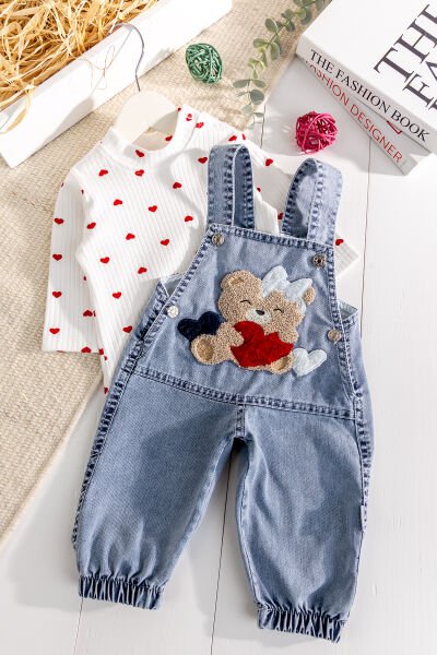 Ayıcık Figürlü Denim 2'li Kız Bebek Kot Salopet Tulum