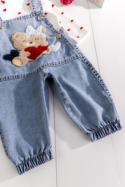 Ayıcık Figürlü Denim 2'li Kız Bebek Kot Salopet Tulum