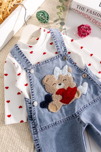 Ayıcık Figürlü Denim 2'li Kız Bebek Kot Salopet Tulum