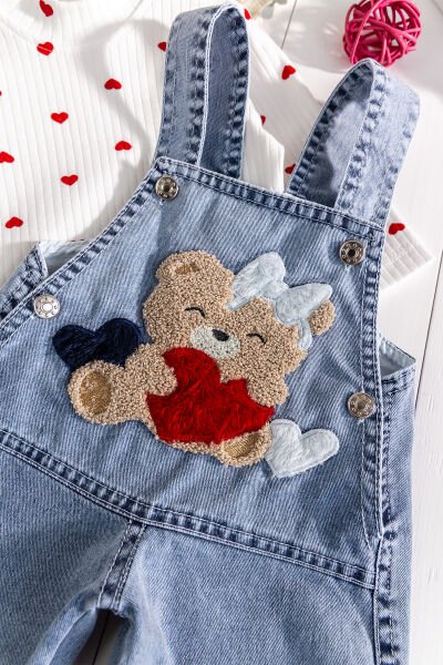 Ayıcık Figürlü Denim 2'li Kız Bebek Kot Salopet Tulum