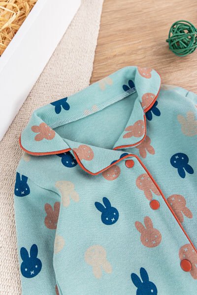 Önden Çıt Çıtlı Tavşan Desenli Yeşil Pamuklu Erkek Bebek/Çocuk Pijama Takımı