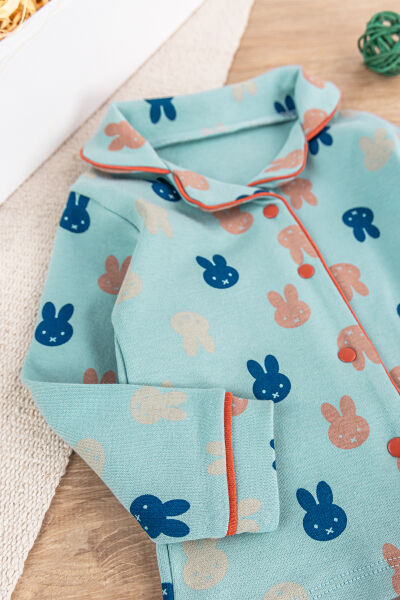 Önden Çıt Çıtlı Tavşan Desenli Yeşil Pamuklu Erkek Bebek/Çocuk Pijama Takımı