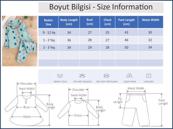 Önden Çıt Çıtlı Tavşan Desenli Yeşil Pamuklu Erkek Bebek/Çocuk Pijama Takımı