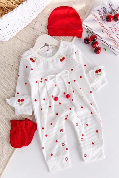 Kiraz İşlemeli Pamuklu Kız Bebek Tulum