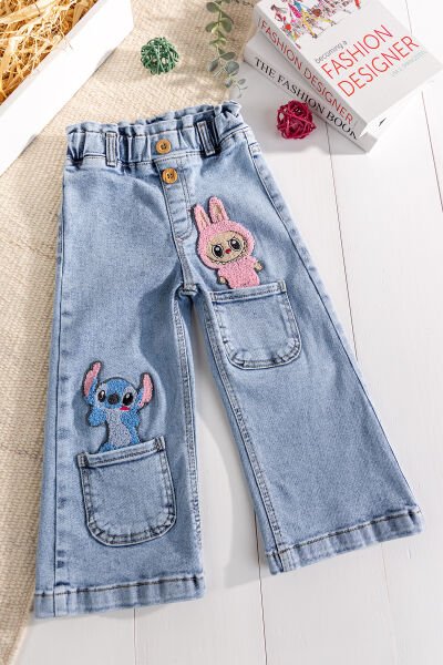 Figürlü Likralı Denim Kız Çocuk Kot Pantolon