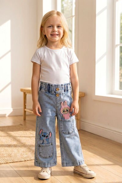 Figürlü Likralı Denim Kız Çocuk Kot Pantolon
