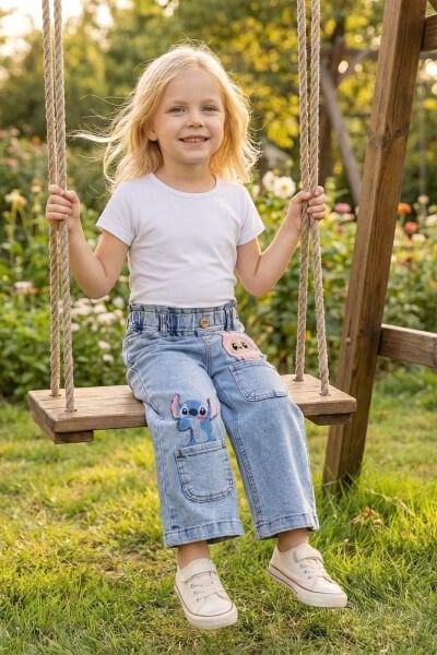 Figürlü Likralı Denim Kız Çocuk Kot Pantolon