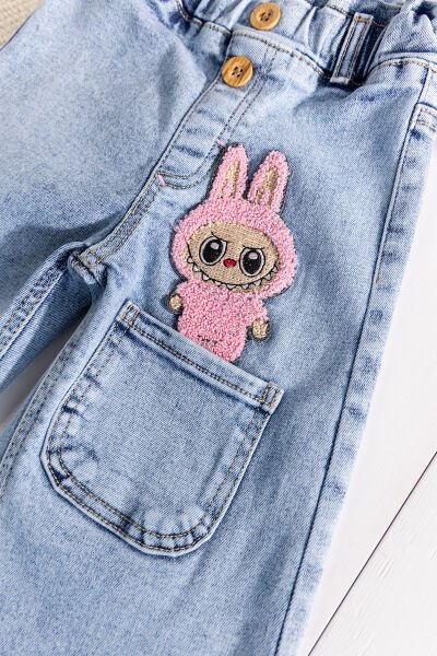 Figürlü Likralı Denim Kız Çocuk Kot Pantolon