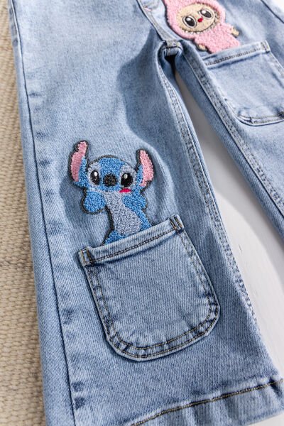 Figürlü Likralı Denim Kız Çocuk Kot Pantolon