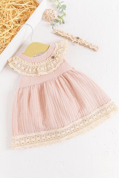 Güpür Yakalı Bandanalı Yazlık Müslin Bebek Elbise PUDRA - 3-6 AY