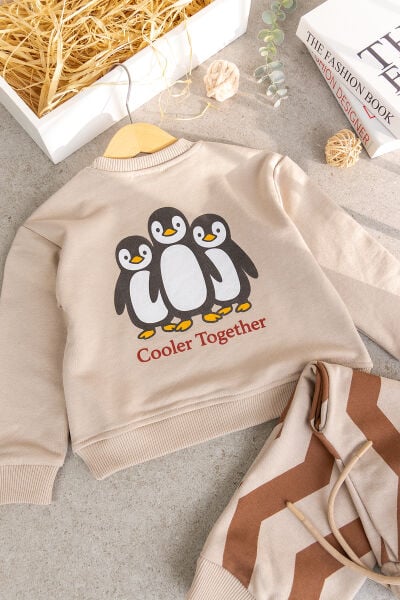 Çocuk  Penguen Desenli Bej Okul Sweatshirt ve Çizgili Eşofman Takımı