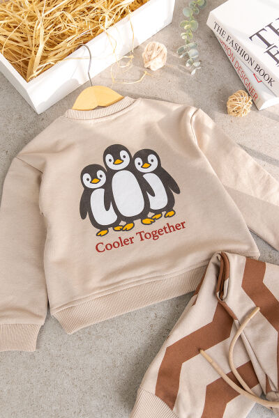 Çocuk  Penguen Desenli Bej Okul Sweatshirt ve Çizgili Eşofman Takımı