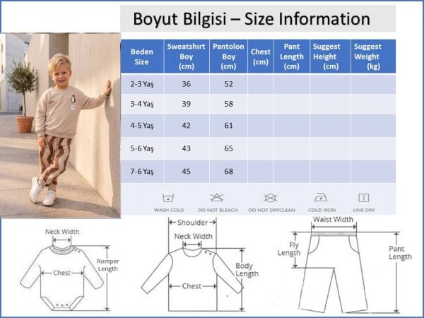 Çocuk  Penguen Desenli Bej Okul Sweatshirt ve Çizgili Eşofman Takımı
