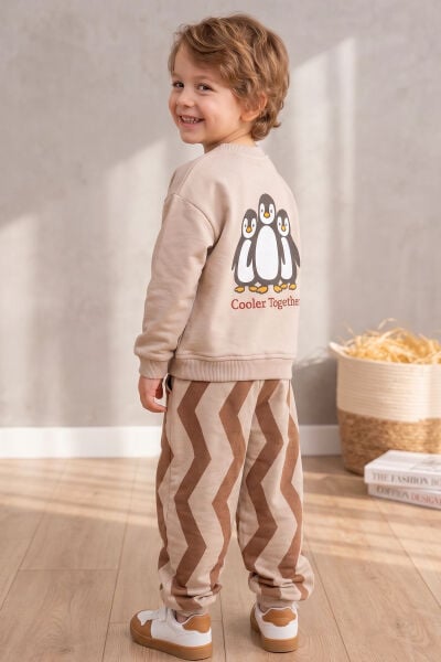 Çocuk  Penguen Desenli Bej Okul Sweatshirt ve Çizgili Eşofman Takımı