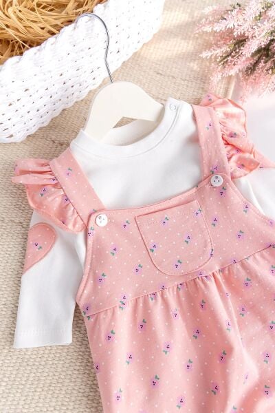 Çiçekli Fırfırlı 100% Pamuk 2'li Kız Bebek Salopet Tulum Set