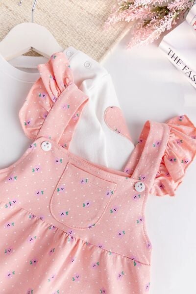 Çiçekli Fırfırlı 100% Pamuk 2'li Kız Bebek Salopet Tulum Set