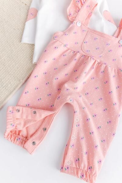 Çiçekli Fırfırlı 100% Pamuk 2'li Kız Bebek Salopet Tulum Set