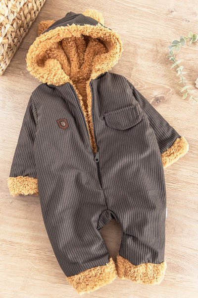 Kapüşonlu Kadife İçi Peluş Erkek Bebek Tulum