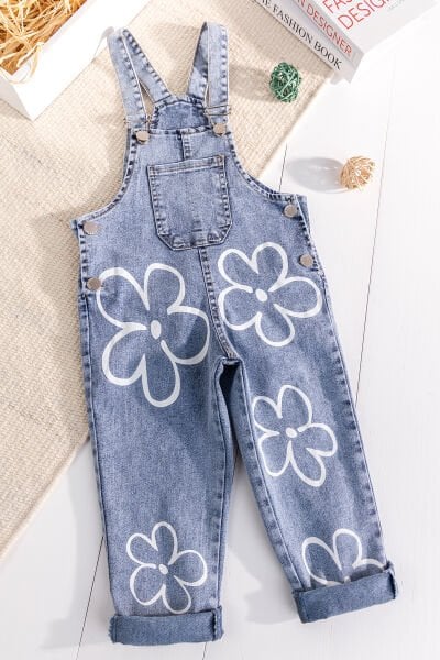 Çiçek Baskılı Denim Kız Çocuk Salopet Kot Tulum