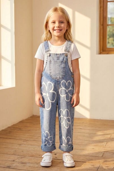 Çiçek Baskılı Denim Kız Çocuk Salopet Kot Tulum