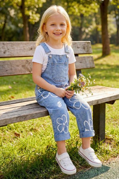 Çiçek Baskılı Denim Kız Çocuk Salopet Kot Tulum MAVİ -  5-6 Yaş