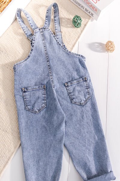 Çiçek Baskılı Denim Kız Çocuk Salopet Kot Tulum MAVİ -  5-6 Yaş