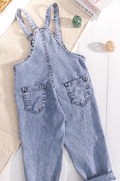 Çiçek Baskılı Denim Kız Çocuk Salopet Kot Tulum