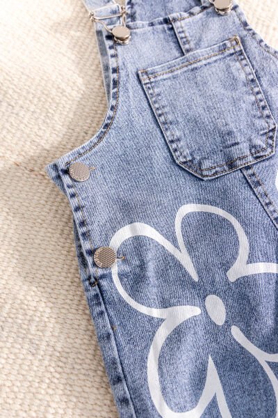 Çiçek Baskılı Denim Kız Çocuk Salopet Kot Tulum