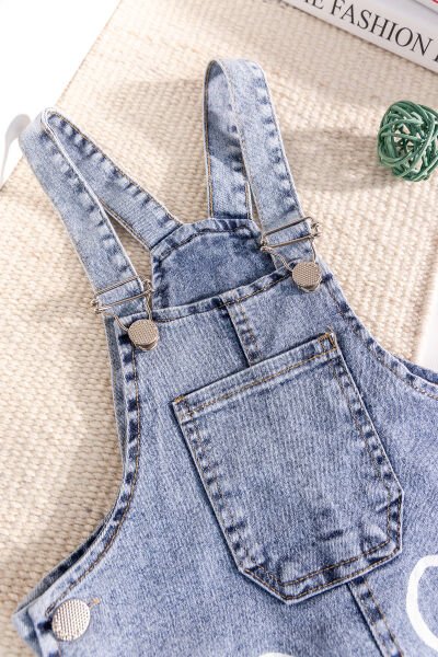 Çiçek Baskılı Denim Kız Çocuk Salopet Kot Tulum MAVİ -  5-6 Yaş