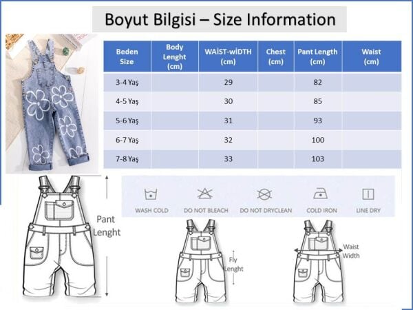 Çiçek Baskılı Denim Kız Çocuk Salopet Kot Tulum MAVİ -  5-6 Yaş