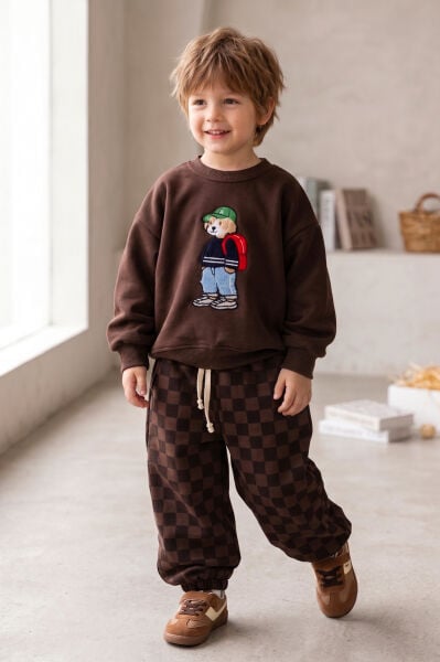 Erkek Çocuk Ayıcık İşlemeli 3 İplik Pamuklu Kumaş Sweatshirt ve Damalı Eşofman Altüst Takım Kahverengi