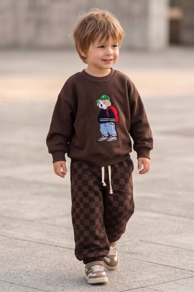 Erkek Çocuk Ayıcık İşlemeli 3 İplik Pamuklu Kumaş Sweatshirt ve Damalı Eşofman Altüst Takım Kahverengi