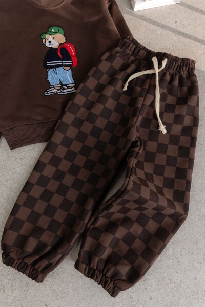 Erkek Çocuk Ayıcık İşlemeli 3 İplik Pamuklu Kumaş Sweatshirt ve Damalı Eşofman Altüst Takım Kahverengi