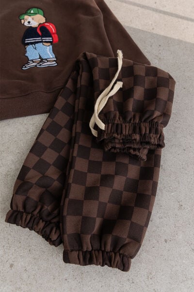 Erkek Çocuk Ayıcık İşlemeli 3 İplik Pamuklu Kumaş Sweatshirt ve Damalı Eşofman Altüst Takım Kahverengi