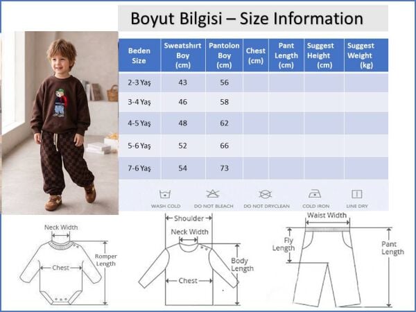Erkek Çocuk Ayıcık İşlemeli 3 İplik Pamuklu Kumaş Sweatshirt ve Damalı Eşofman Altüst Takım Kahverengi