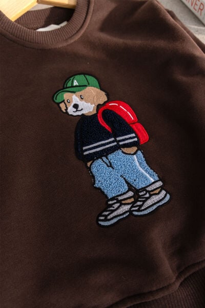 Erkek Çocuk Ayıcık İşlemeli 3 İplik Pamuklu Kumaş Sweatshirt ve Damalı Eşofman Altüst Takım Kahverengi