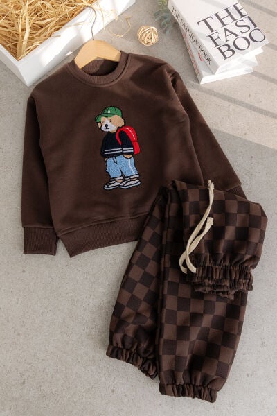 Erkek Çocuk Ayıcık İşlemeli 3 İplik Pamuklu Kumaş Sweatshirt ve Damalı Eşofman Altüst Takım Kahverengi