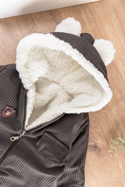 Kapüşonlu Kadife İçi Peluş Welsoft Erkek Bebek Tulum HAKİ -  6-9 AY