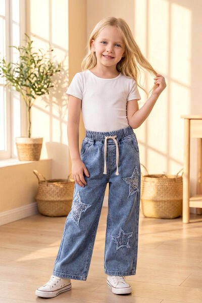 Yıldız Detaylı Beli Lastik Belli Bol Paca Denim Kız Çocuk Pantolon