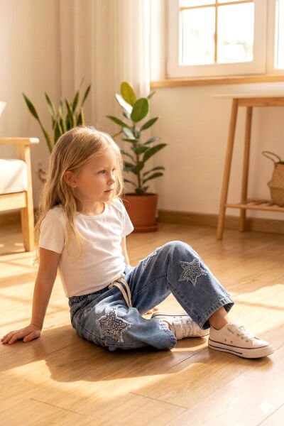 Yıldız Detaylı Beli Lastik Belli Bol Paca Denim Kız Çocuk Pantolon