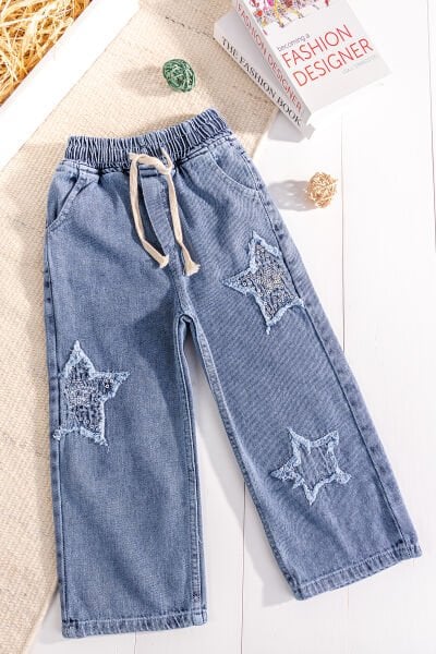 Yıldız Detaylı Beli Lastik Belli Bol Paca Denim Kız Çocuk Pantolon