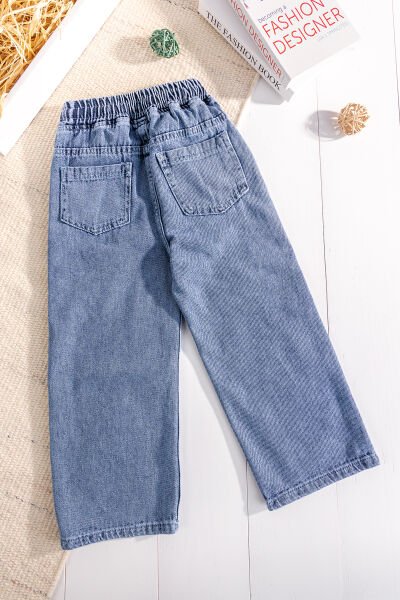 Yıldız Detaylı Beli Lastik Belli Bol Paca Denim Kız Çocuk Pantolon