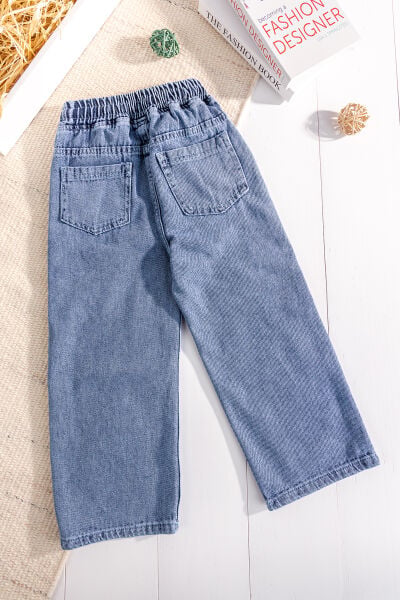 Yıldız Detaylı Beli Lastik Belli Bol Paca Denim Kız Çocuk Pantolon